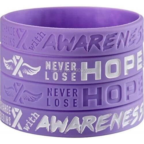 400pcs Purple Awareness Ribbon with Saying - Never Lose Hope, Change Begins silicone wristband bracelet free shipping by DHL