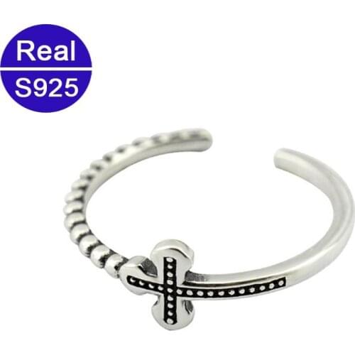 Vintage Solid 925 Sterling Silver Cross Ring For Women Gift Fashion Simple Adjustable Size Finger Ring Jewelry
