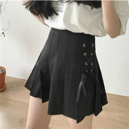 Spring Autumn Preppy Style Harajuku Punk Sweet Bandage High-waisted A-shaped skirt Black White and Pink Mini Short Pleated Skirt