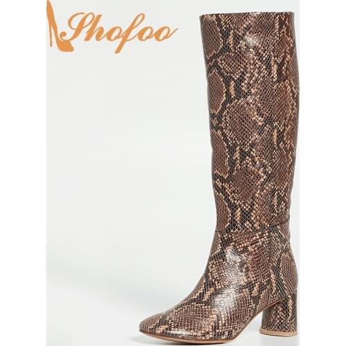 Python Print Knee Long Boots High Cylindrical Heels Round Toe Slip On Shoes Ladies Winter Fashion Mature Large Size 12 16 Shofoo