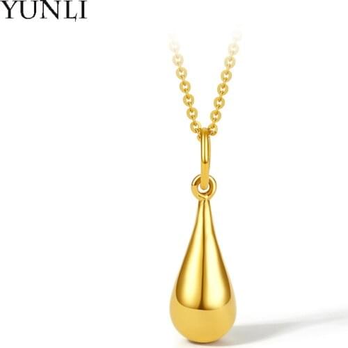 YUNLI Pure 999 Real 24K Gold Pendant Necklace Simple Water Drop Design With 18K Chain for Women Fine Jewelry Gift