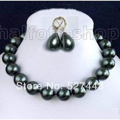 Wholesale free shipping >>Rare 10mm south sea Black Shell Pearl Necklace Earring jewelry set AAA 18"