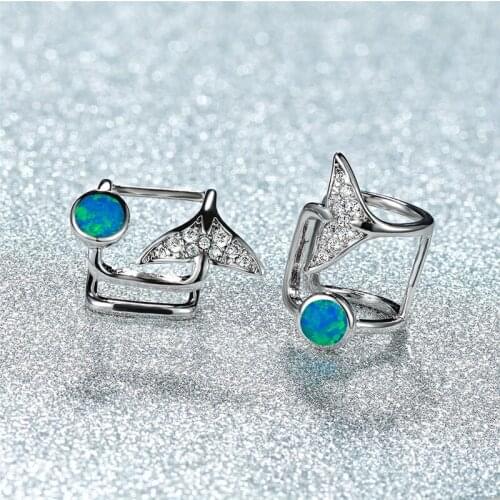 Female Cute Mermaid Fish Tail Clip Earrings White Blue Opal Round Stone Earrings Vintage Silver Color Wedding Earrings For Women