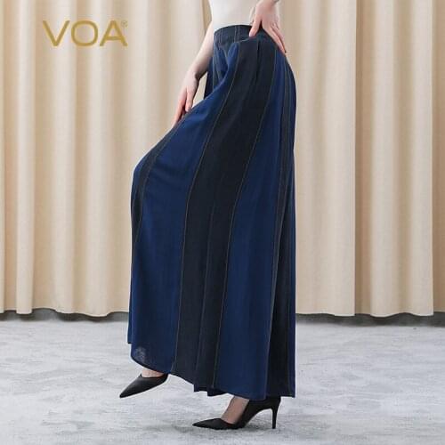 VOA 30m/m Silk Navy Blue Bump Splicing Spring Woman Trousers KE268 Yellow Thread Decorative Streetwear Wide Leg Pants for Women