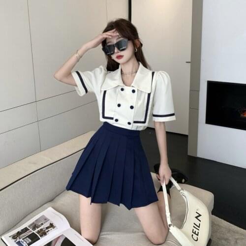 New Preppy Style Two-Piece Set Summer Short Sleeve Shirt Top+High Waist Pleated Skirt Women Elegant Temperament Chic Women Suit