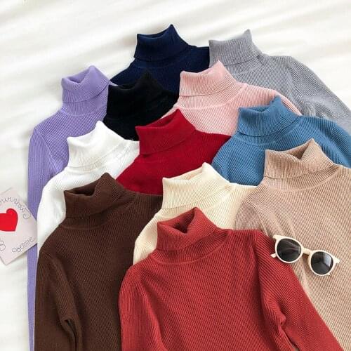 Pullover 2021 AUTUMN Winter Women Knitted Foldover Turtleneck Sweater Casual Rib Jumper Throat Female Pull Clothing Coat