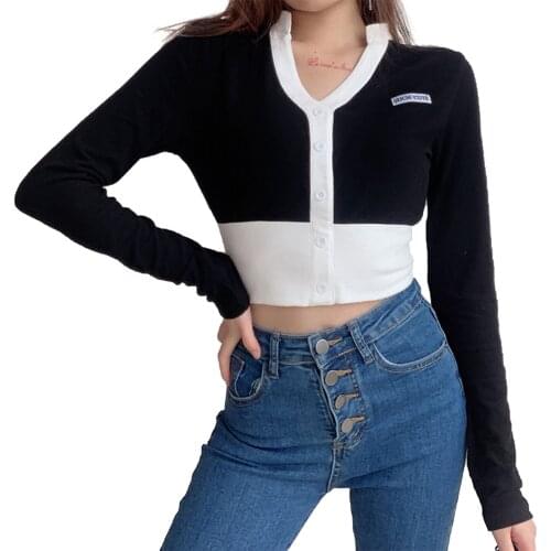 Women Fashion Color Block Crop Top Stylish Long Sleeve V-neck Top for Ladies Female