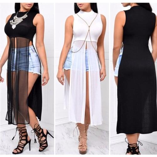 New Sexy Womens Sleeveless O Neck Patchwork Side High Split Shirt Top Long Top Black White Maxi Dress