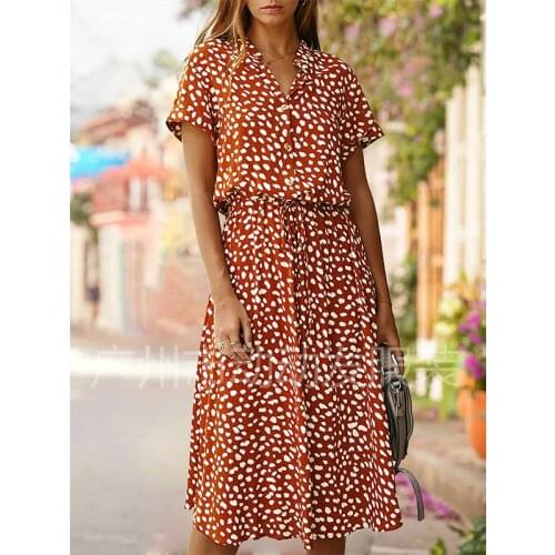 2021 Summer Polka Dot Dress Ladies Leopard Print Shirt Dress, Bohemian, Mid-length, High Waist, Beachwear, Vacation, Summer