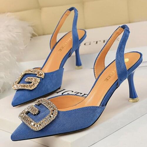 2021 Summer Elegant Women 7cm High Heels Wedding Sandals Designer Shallow Suede Yellow Blue Heels Sandals Rhinestone Party Shoes