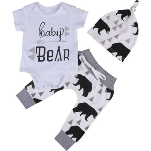 3Pcs Newborn Baby Boy Girl Summer Bodysuit Playsuit Outfit Pants Hat Clothes Size 0-24M