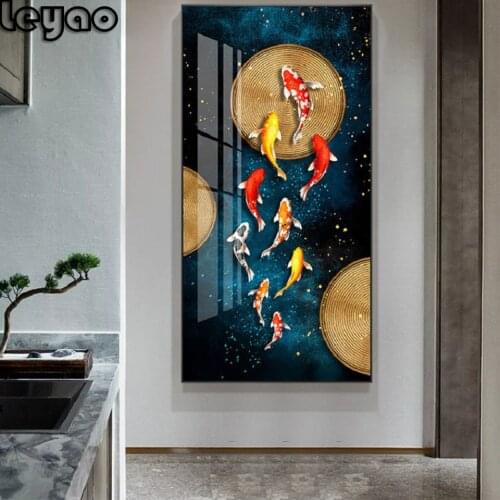 5D Diamond Painting Nine Fish Figure Nordic Style Living Room Corridor Diamond Mosaic Light Luxury Entrance Diamond Embroidery