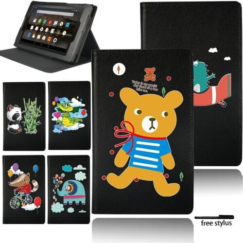 Tablet Case for Amazon Fire 7 HD 10(5th/7th/9th Gen)/HD 8(6th/7th/8th Gen)- Anti-fall Front Bracket Cartoon Protective Case+ Pen