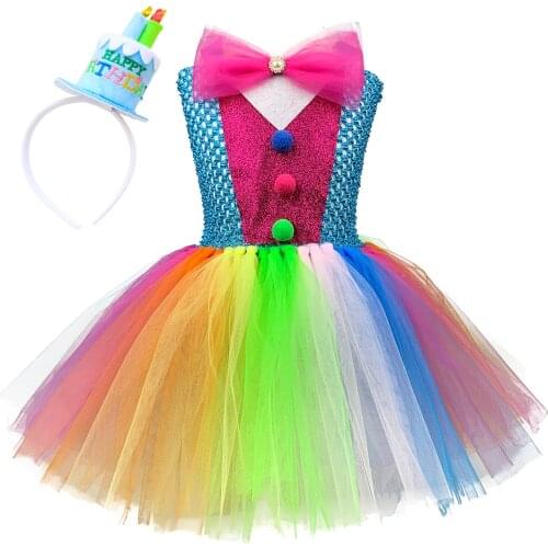 Kids Clown Costume Girls Rainbow Princess Dresses Children Birthday Cosplay Clothes Outfits Halloween Carnival Party Gifts 1-12Y