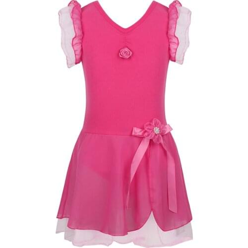 Kids Flowers Ruffled Figure Skating Dress Girls Tutu Ballet Dancewear Gymnastics Leotard Child Stage Performance Dance Costume