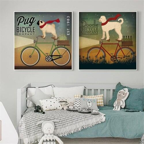 Home Decor Hanging Wall Art Cute Poster Dog Pug Doodle Bicycle Quotes Wall Pictures for Living Room Abstract Painting Cuadros