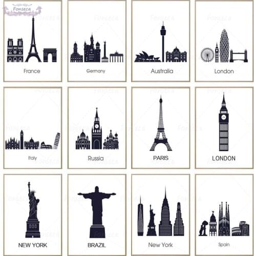 Famous Building Canvas Painting World Travel City New York London Paris Russia Brazil Poster Black and White Wall Art Picture