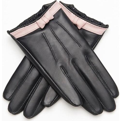 Fashion bow leather gloves women warm gloves female winter hit color sheepskin gloves short women leather gloves