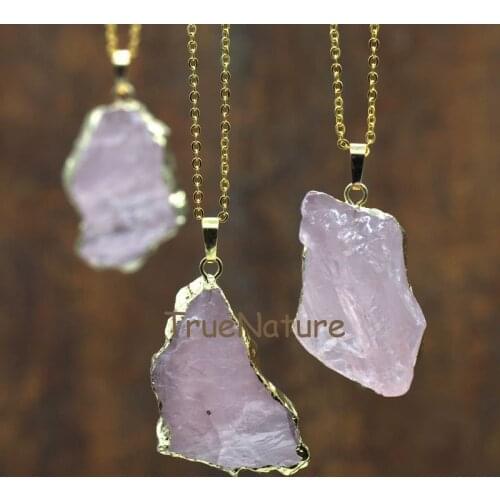 Fashion Gold Chains Crystal Jewelry Random Shape Rose Quartzs Pendant Necklace In 16-32 Inch NM5844