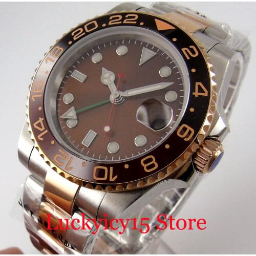 BLIGER Nologo Coffee GMT 40mm Mechanical Men Watch Two Tone Rose Gold Coated Screwdown Crown Sapphire Crystal Rotating Bezel