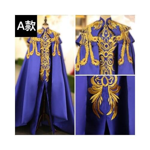 100%real royal blue golden bird embroidery drama stage gown with cloak/long studio performance gown/can customs size making
