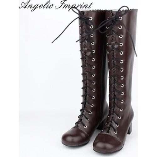 Japanese Style Lolita Cosplay Knee High Boots Vintage Brown Lace-up Square Heel Princess Girl Boots 8428