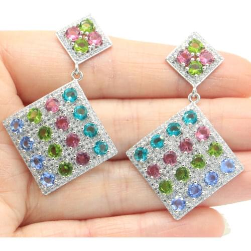 39x17mm Gorgeous Created Green Peridot Rhodolite Garnet Cubic Zircon For Women Wedding Daily Wear Silver Earrings Anniversary