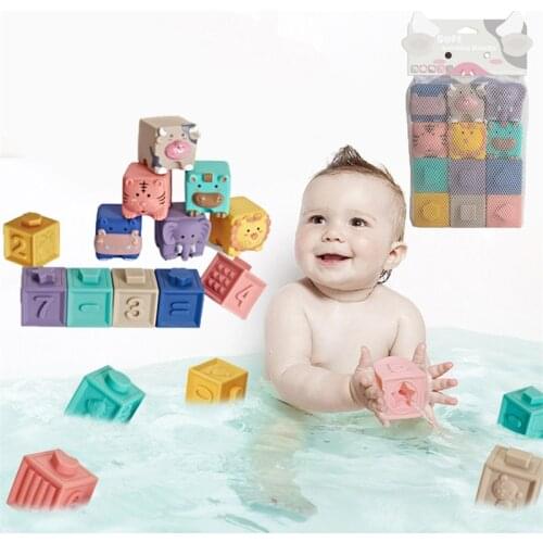 3D Silicone Building Blocks Baby Sensory Toys Building Silicone Blocks Grasp Toy Soft Ball Kid Rubber Bath Cube Baby Toy