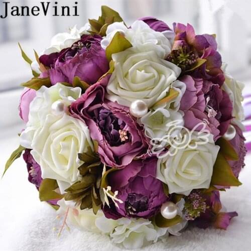 JaneVini Vintage Bridesmaid Crystal Flowers Bouquets With Artificial Peony Purple Ribbon Bridal Rose Bride Pearl Wedding Bouquet