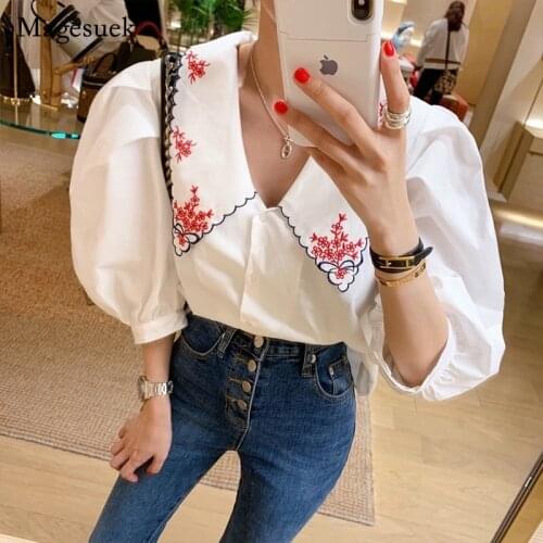 Puff Short Sleeve Summer Blouse Turn-down Collar Floral Embroidery Women Shirt Korean Solid Loose Tops Camisas De Mujer 14173