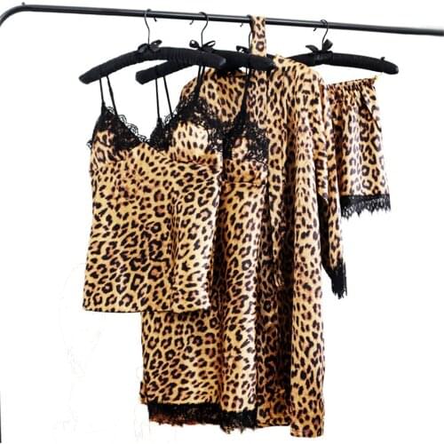 Leopard Print Pajama Set for Women Nightclothes Sexy Silky Home Sleepwear Gown Pajamas Clothing with Chest Pads bath robe