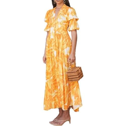 New Product V-Neck Print Big Put Womens Dress 2021 Casual Fashion Summer Short Sleeve Yellow Womens Long Dresses NBH141