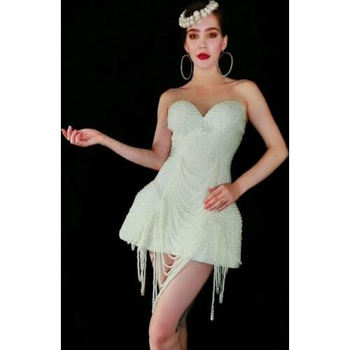 White Pearls Beading Dress Women Evening Prom Birthday Party Dresses Female Singer Nightclub Bar Stage Performance Dance Wear