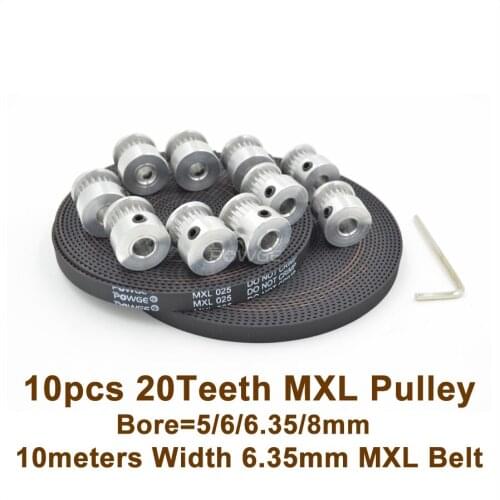 10pcs 20 Teeth MXL Timing BeltPulley Bore 5/6/6.35/8mm + 10meters MXL Belt Width 6.35mm Ultimaker 20T 20Teeth MXL Pulley