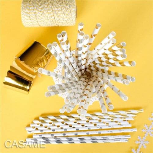 100pcs Wholesale Metallic unicorn Gold heart star Foil Stripe Paper Straws Gold Silver Foiled chevron party wedding decoration