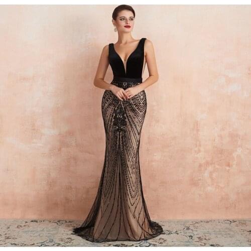 2020 Black Sleeveless Mermaid Lace Evening Dresses Sexy V-Neck Backless Vintage Long Formal Evening Gowns Robe De Soiree LE4046