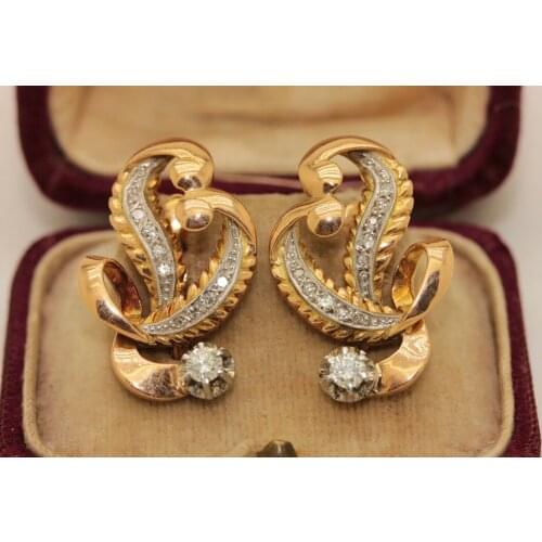 ANTIQUE ORIGINAL18K GOLD VICTORIAN NATURAL DIAMOND DECORATED AMAZING EARRING