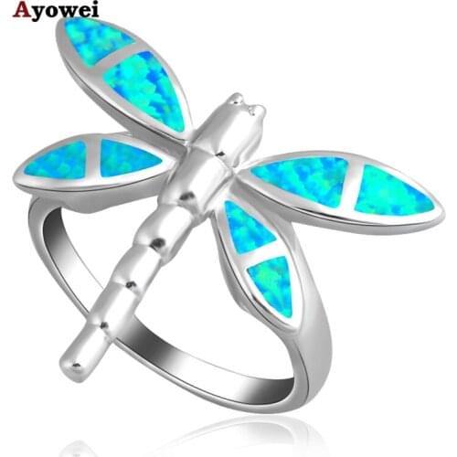 AYOWEI Dragonfly design Wholesale Retail Blue Fire Opal silver color Stamped Ring USA Sz #5.5 #6.5 #7.5 Fashion Jewelry OR356