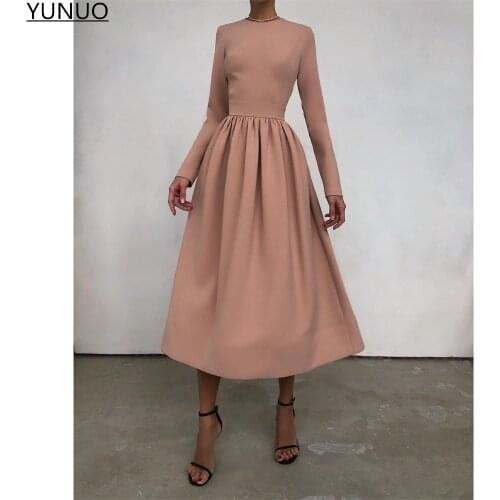 HONGFUYU Matte Satin Dusty Blush Prom Evening Dresses Long Sleeves O-Neck Tea Length Mothers Party Gowns robes de cocktail