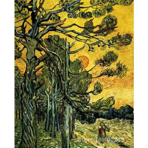 Online Art Gallery Vincent Van Gogh Handmade oil paintings Pine Trees against a Red Sky with Setting Sun High quality