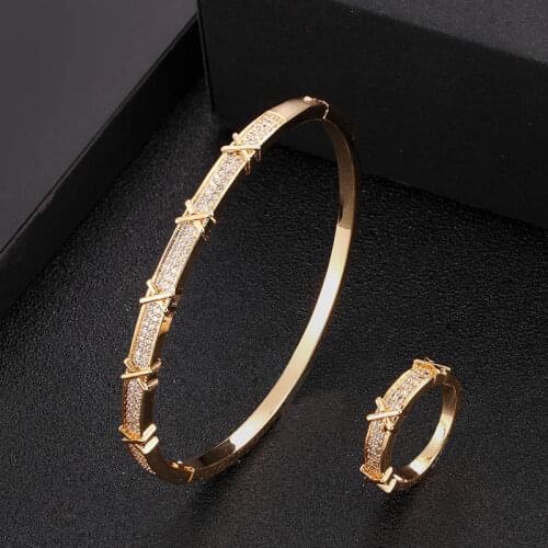 Zlxgirl classic three plated color women wedding bracelet & bangle ring jewelry set fashion women size couple gifts free bags