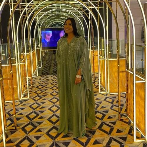 African Dresses for Women Chiffon Plus Size Dashiki Diamond Beads Boubou Traditional Clothing Abaya Dubai Muslim Dress Robe