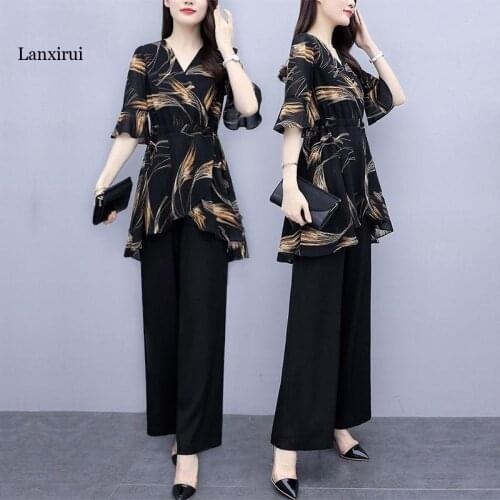 Summer Women Fashion Digital Printed Chiffon Blouse Loose-Fitting Drawstring Lace-Up Belt Wide-Leg Pants Two-Piece Set Mom Suits