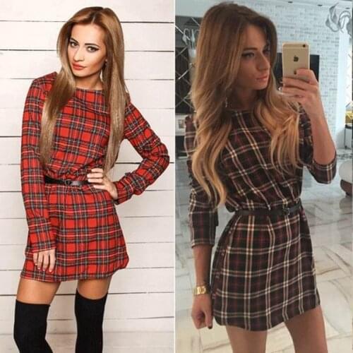 Fashion Bodycon Dress Hot Sale Long Sleeve Plaid Print Shift Dress 3SW24005 Cheap Sexy Women Printed Dress