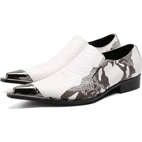 Men Genuine Leather Snake skin Metal Pointed Toe Shoes For New Business Party Dress Shoes White Fashion Casual Men Flats Shoes