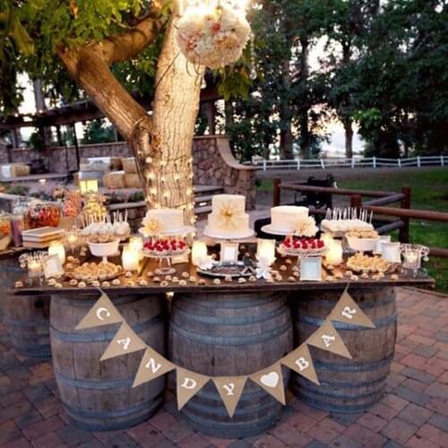 Rustic Candy Bar Garland Hessian Burlap Bunting jute rope Banner Flags Candy Buffet signs Wedding Decoration