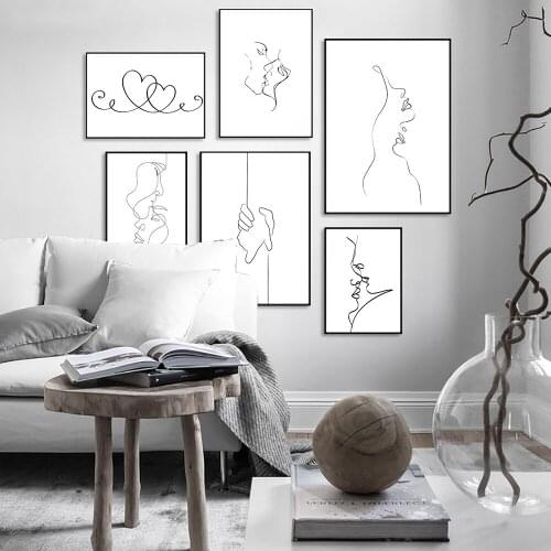 Line Draw Poster Wall Art Print Black and White Canvas Painting Lover Kiss Quote Pictures for Living Room Home Decor