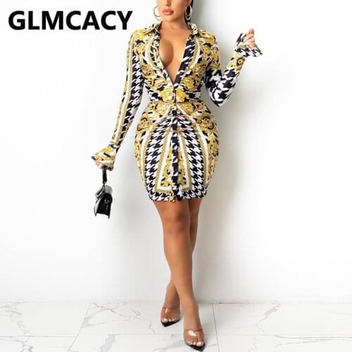 Long Sleeve Vintage Printed Shirt Dress Button Up Bodycon Slim Mini Dress