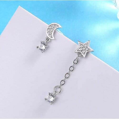 Creative 925 Sterling Silver CZ Zircon Star Moon Asymmetry Tassel Stud Earrings For Women Statement Jewelry Valentines Day Gift