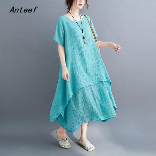 Short sleeve plus size cotton linen vintage dresses for women casual loose woman summer dress elegant clothes 2021 sundress